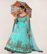 Turquoise embroidered net salwar