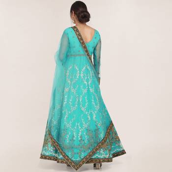 Turquoise embroidered net salwar 2