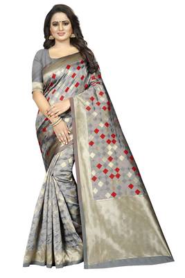 Grey woven art silk saree with blouse 1