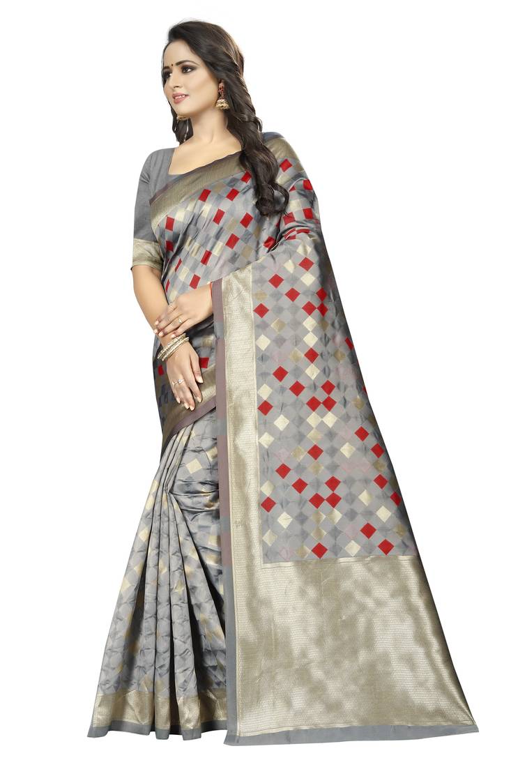 Grey woven art silk saree with blouse
