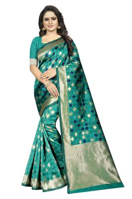 green woven art silk saree with blouse 1