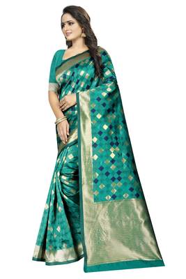 green woven art silk saree with blouse 2