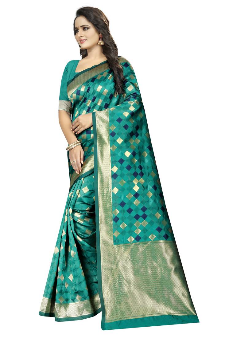 green woven art silk saree with blouse