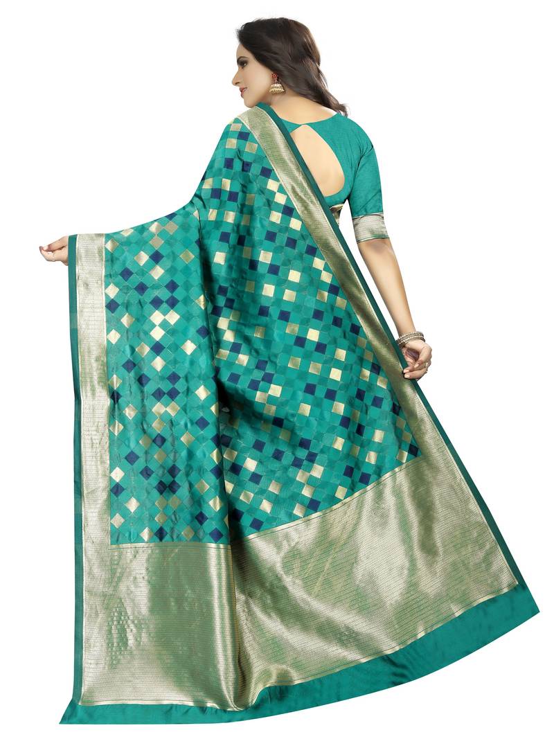 green woven art silk saree with blouse