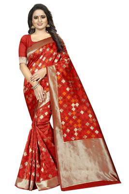 Red woven art silk saree with blouse 1