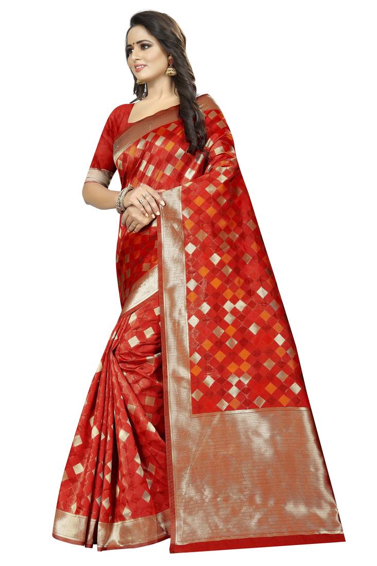 Red woven art silk saree with blouse