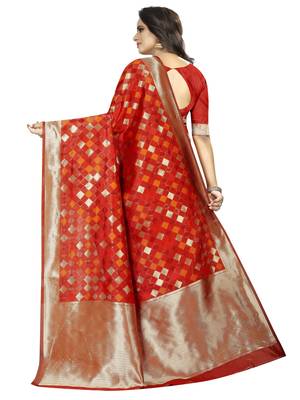 Red woven art silk saree with blouse 3
