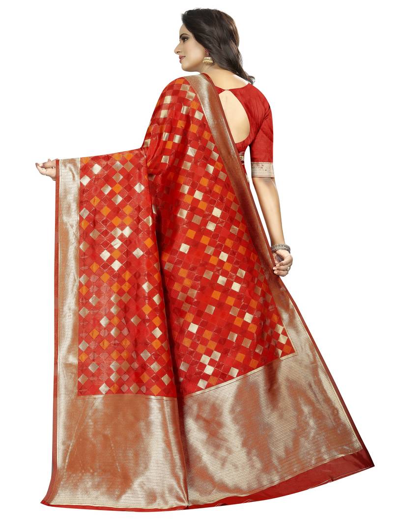 Red woven art silk saree with blouse
