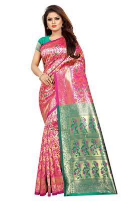 green woven art silk saree with blouse 1