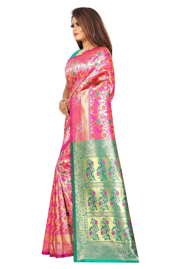 green woven art silk saree with blouse