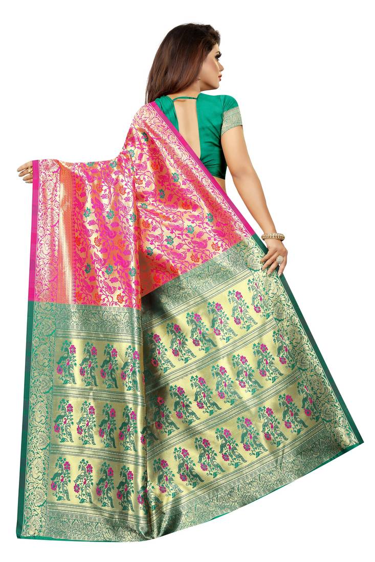 green woven art silk saree with blouse