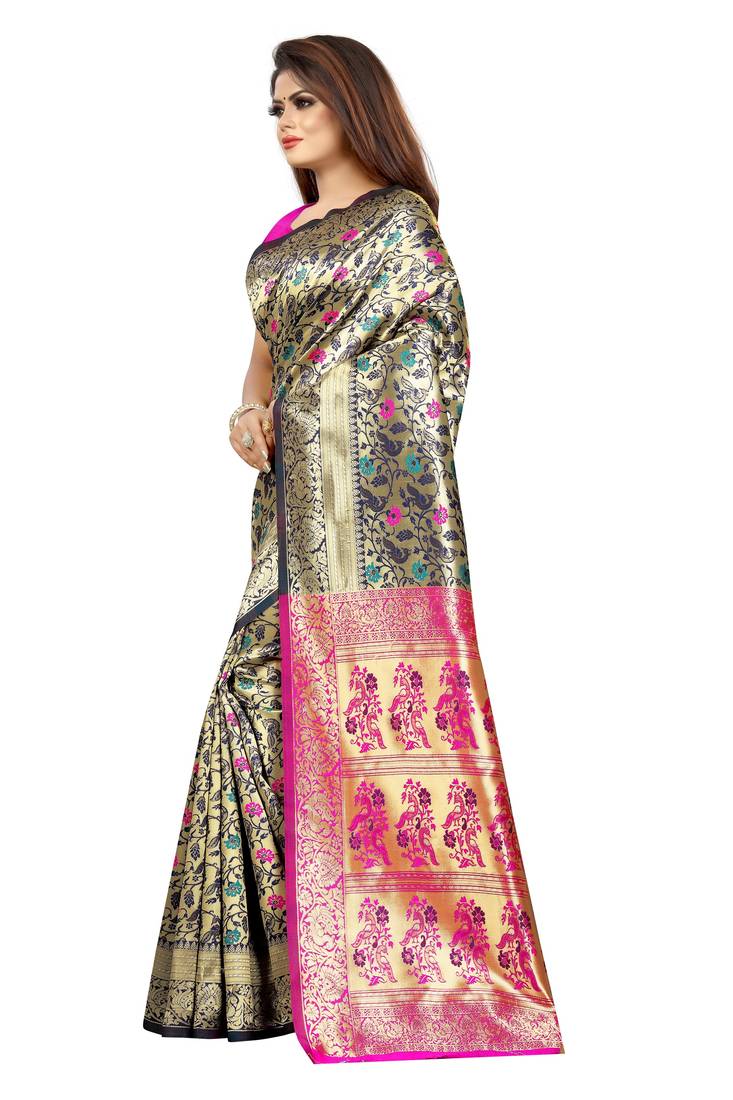 Pink woven art silk saree with blouse