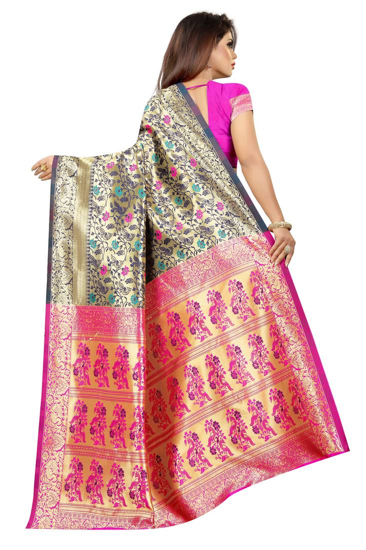Pink woven art silk saree with blouse