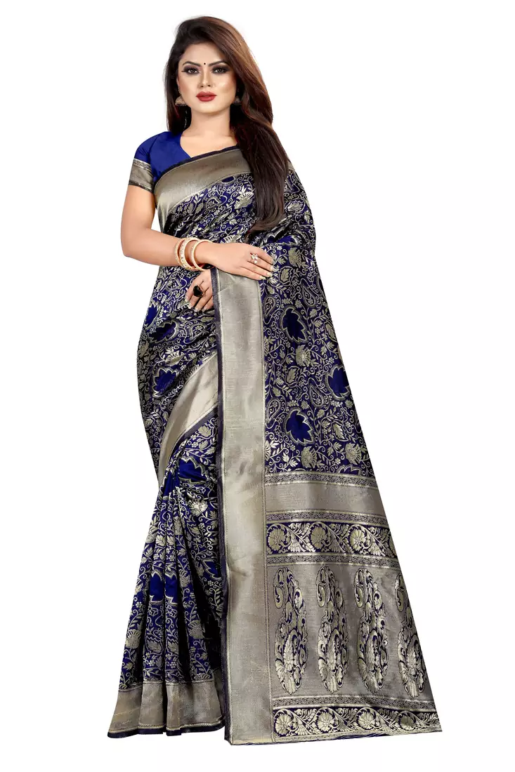 blue woven art silk saree with blouse