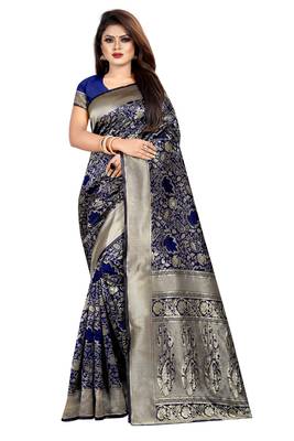 blue woven art silk saree with blouse 1