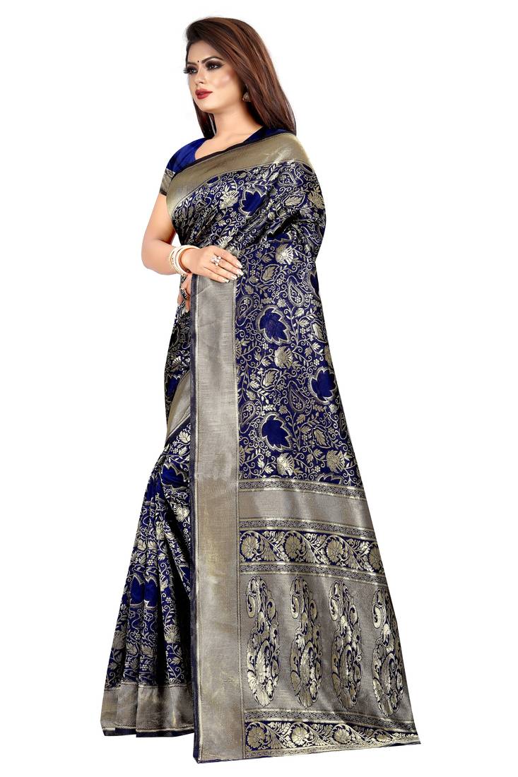 blue woven art silk saree with blouse