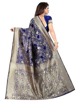 blue woven art silk saree with blouse 3