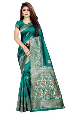 green woven art silk saree with blouse 1