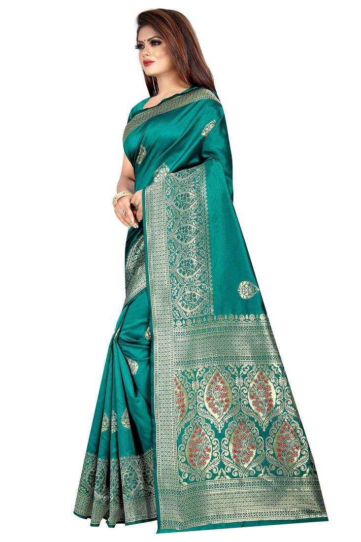 green woven art silk saree with blouse
