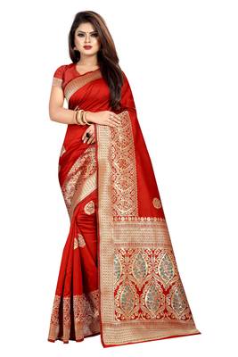 Red woven art silk saree with blouse 1