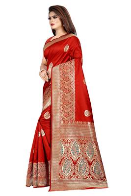 Red woven art silk saree with blouse 2