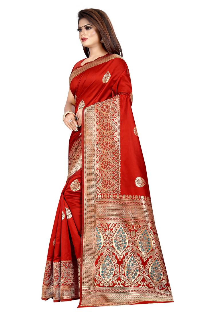 Red woven art silk saree with blouse
