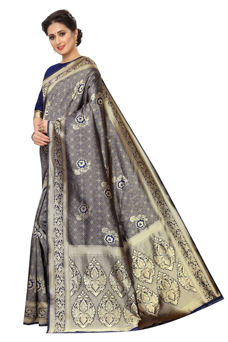 blue woven art silk saree with blouse