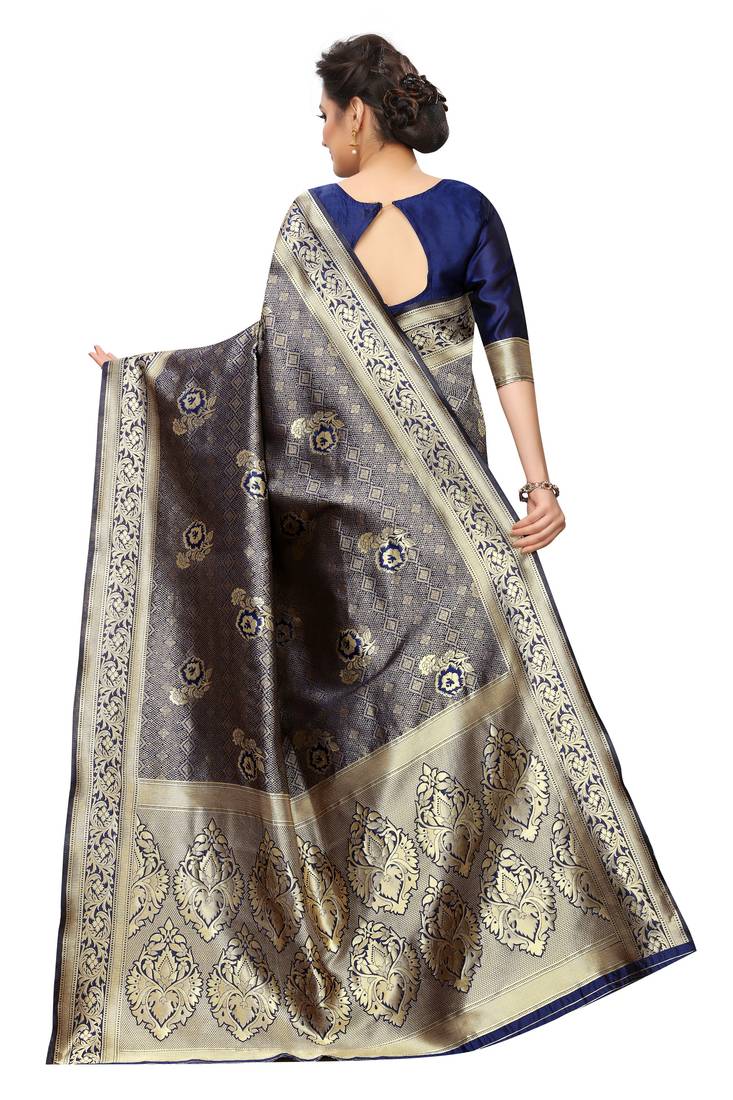 blue woven art silk saree with blouse