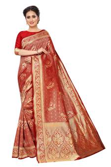 Red woven art silk saree with blouse