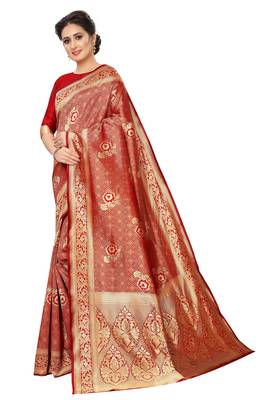 Red woven art silk saree with blouse 2