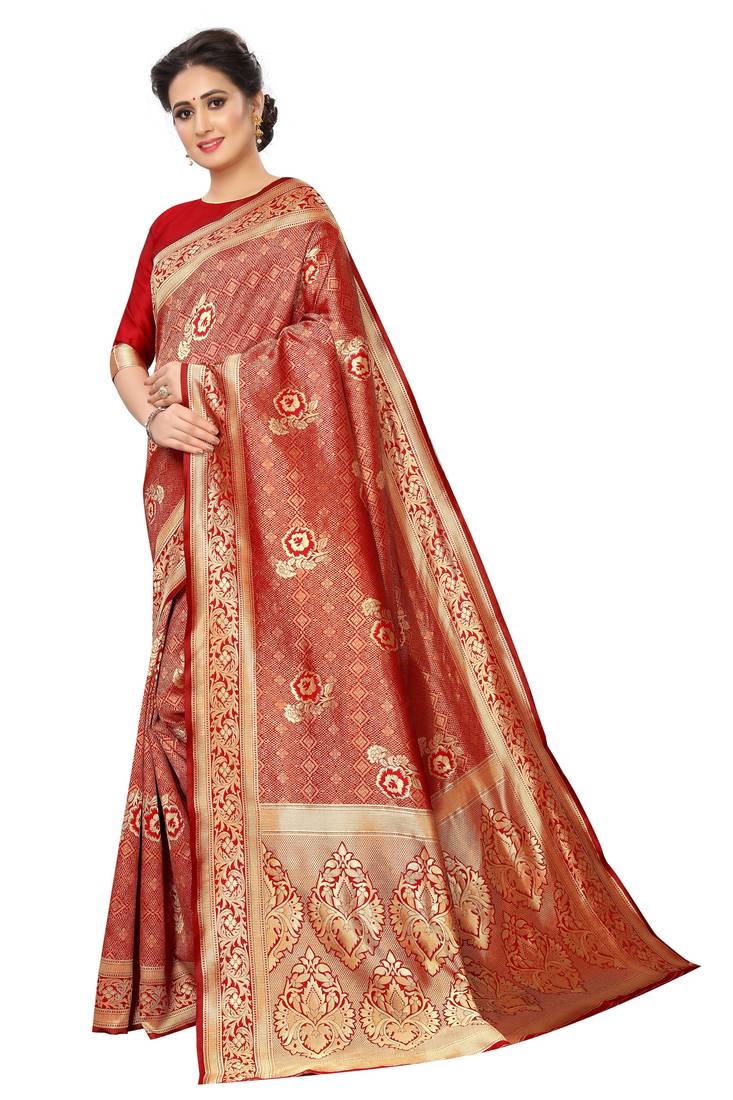 Red woven art silk saree with blouse