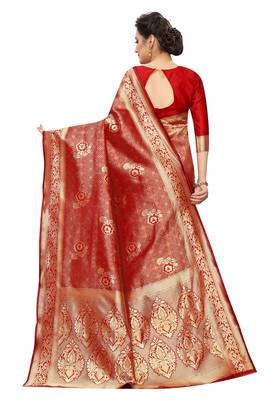 Red woven art silk saree with blouse 3