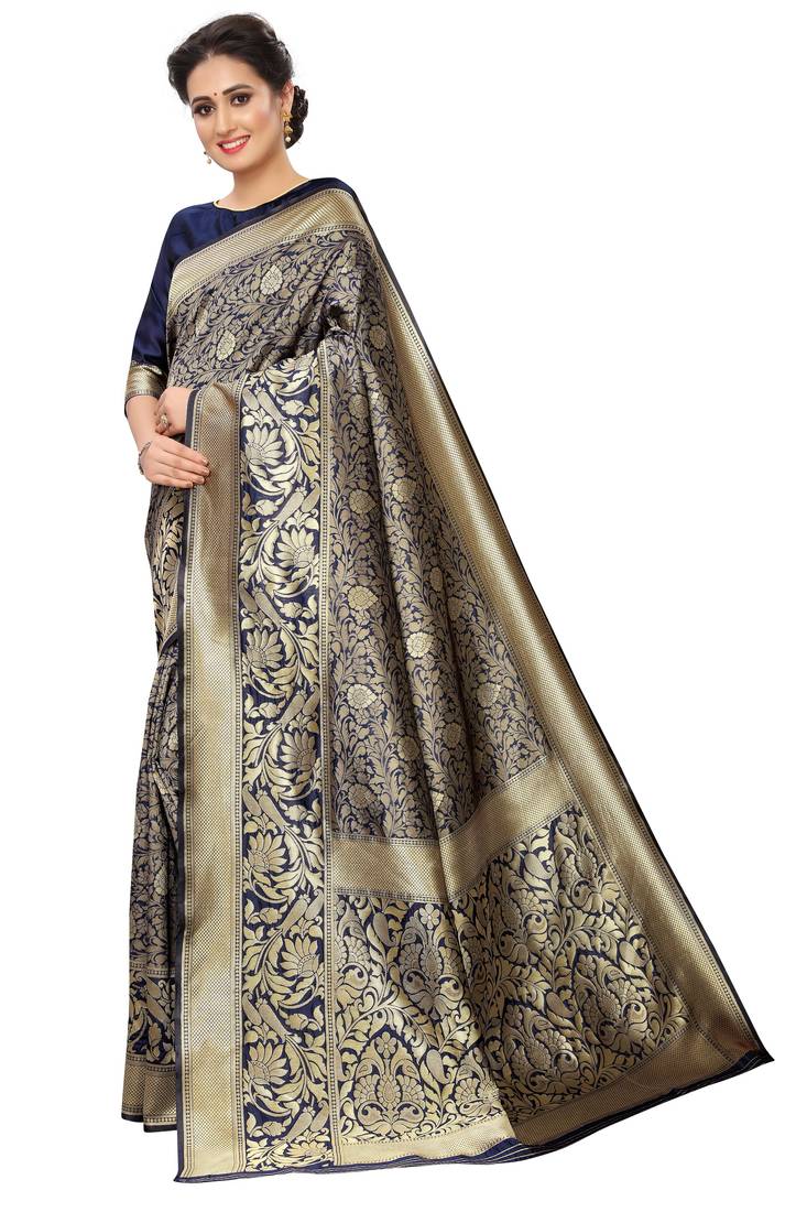 blue woven art silk saree with blouse