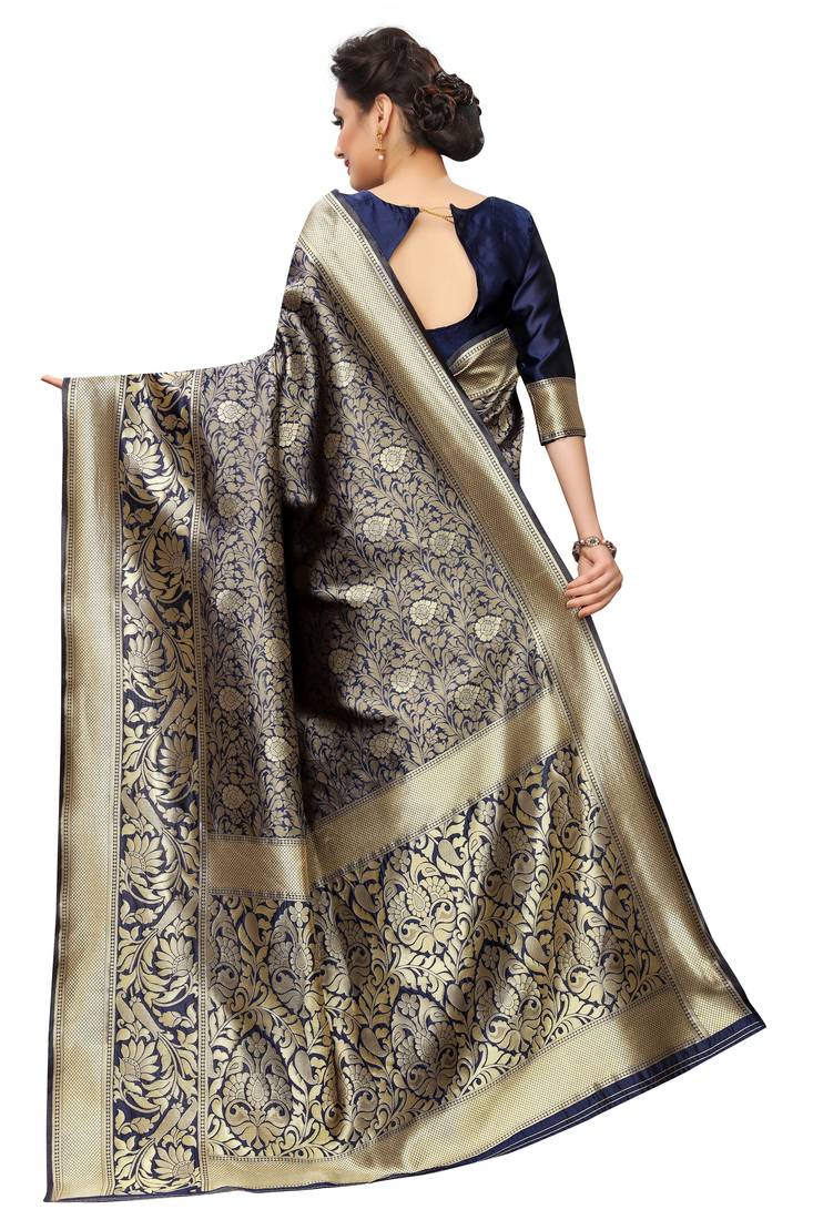 blue woven art silk saree with blouse