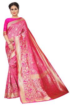 Pink woven art silk saree with blouse