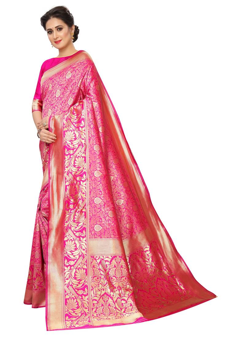 Pink woven art silk saree with blouse