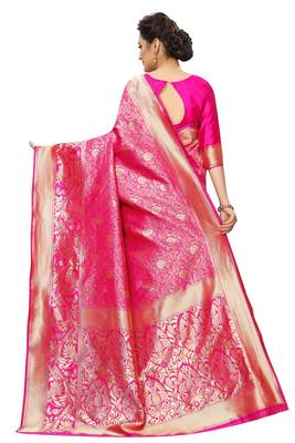 Pink woven art silk saree with blouse 3