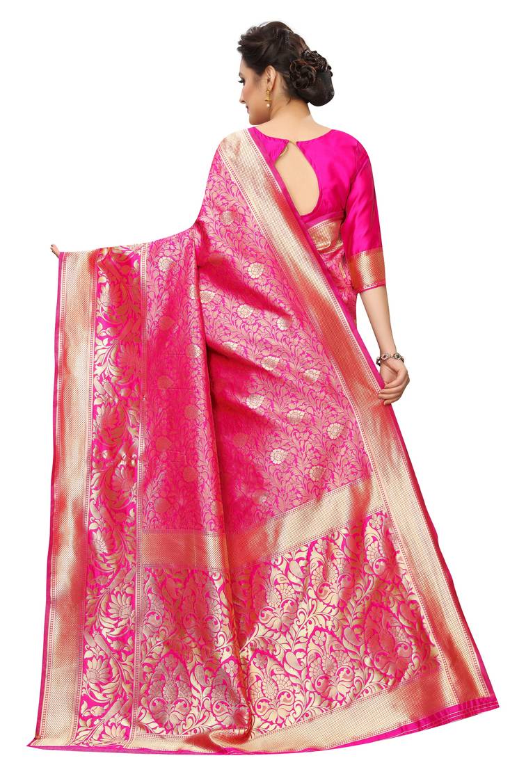 Pink woven art silk saree with blouse