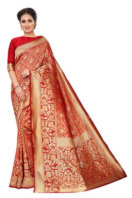 Red woven art silk saree with blouse 1