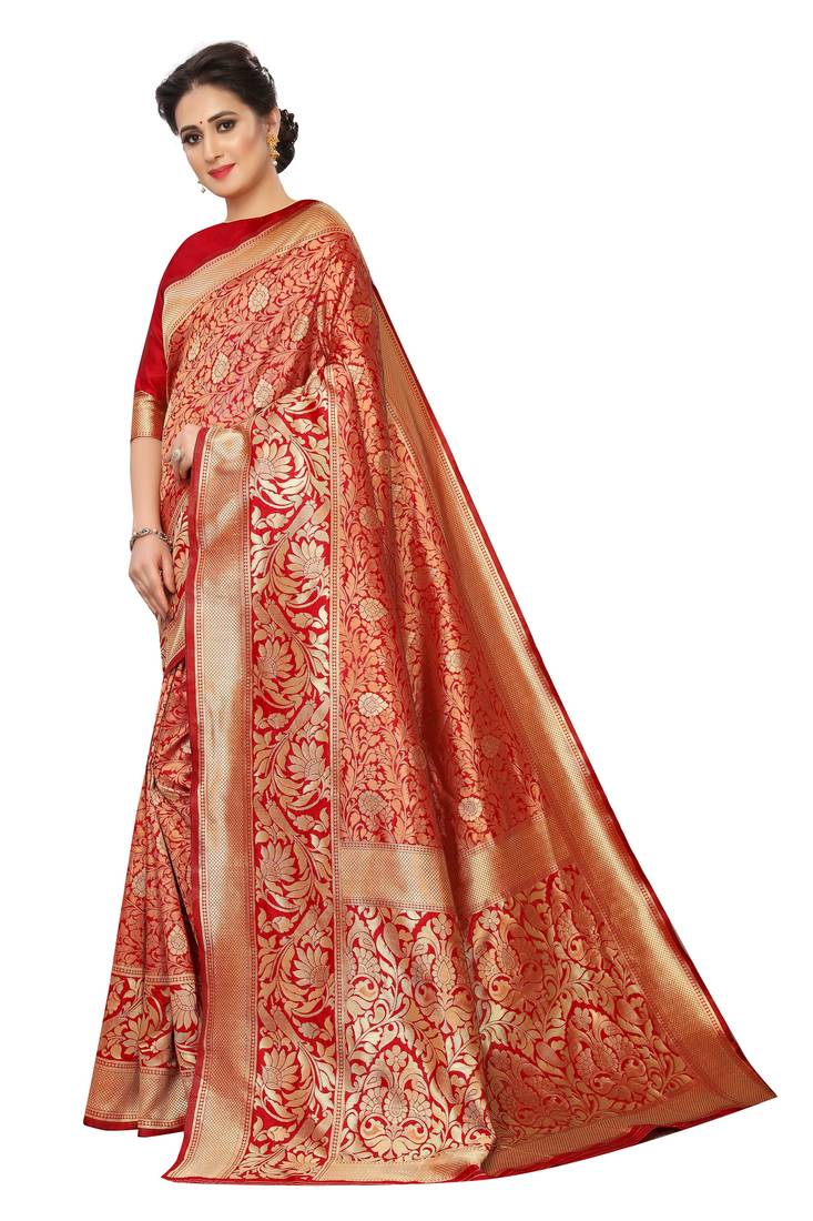 Red woven art silk saree with blouse