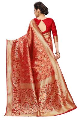 Red woven art silk saree with blouse 3