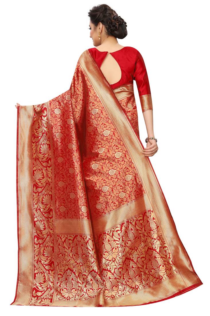 Red woven art silk saree with blouse