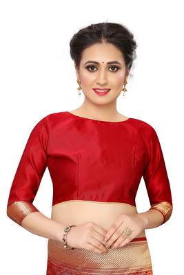 Red woven art silk saree with blouse 4