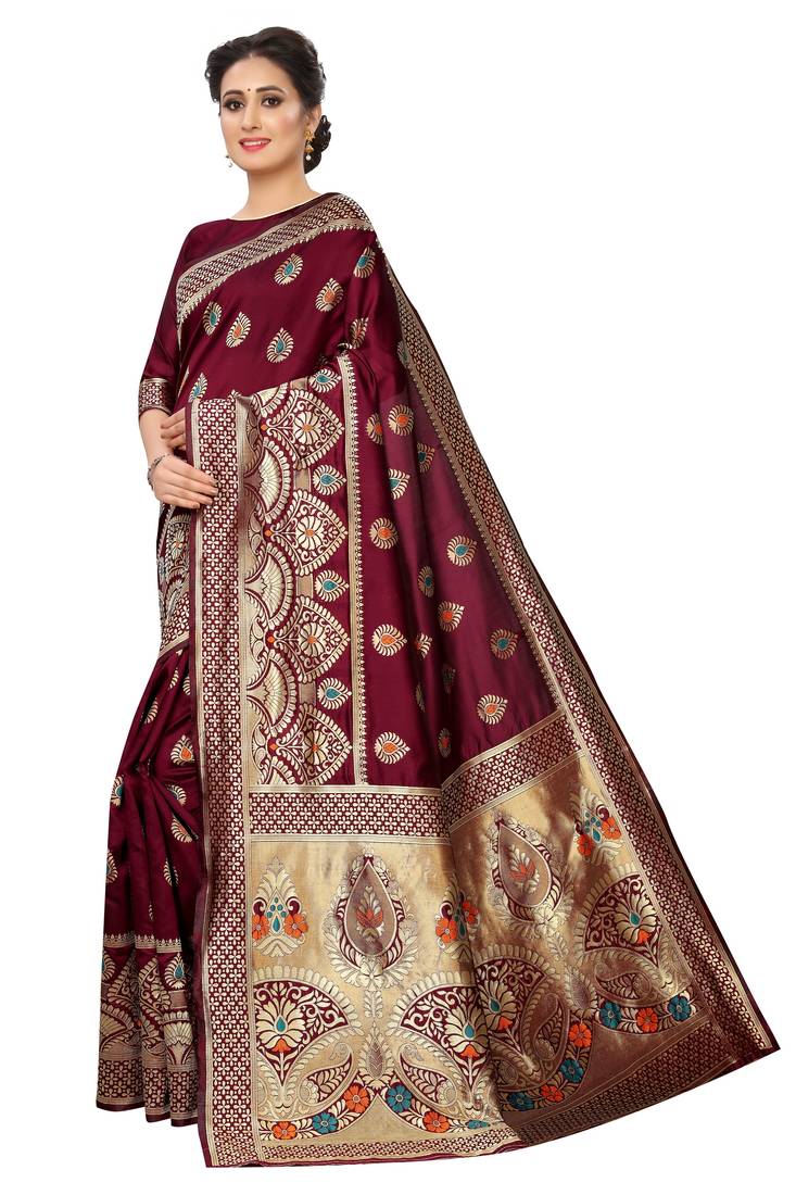 Maroon woven art silk saree with blouse