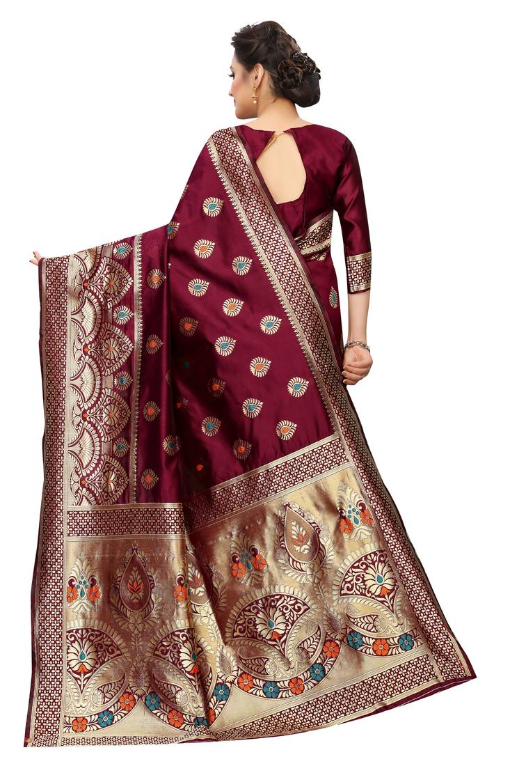 Maroon woven art silk saree with blouse