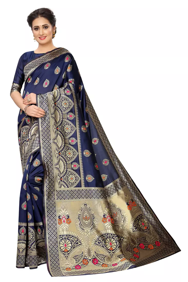 blue woven art silk saree with blouse