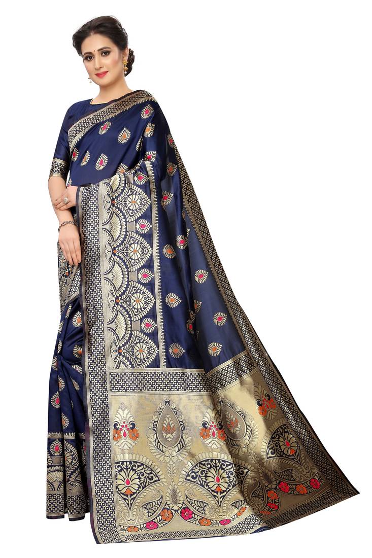 blue woven art silk saree with blouse
