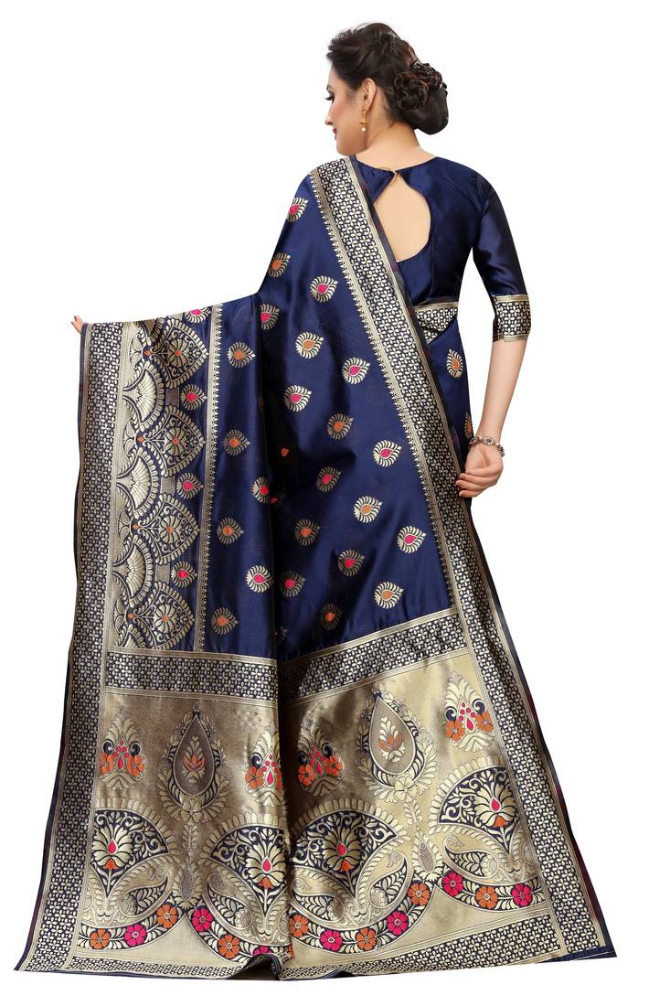 blue woven art silk saree with blouse