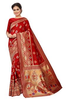 Red woven art silk saree with blouse