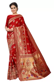 Red woven art silk saree with blouse